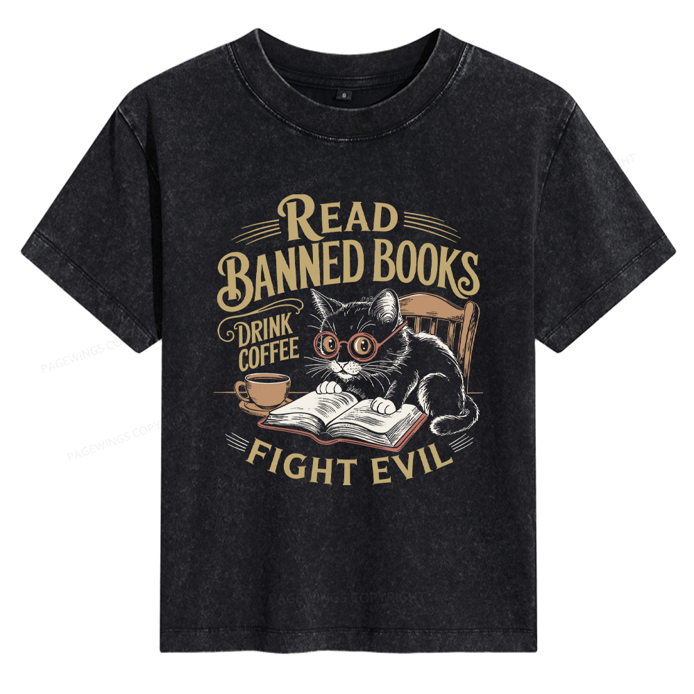 Pagewings Read Books Drink Coffee Fight Evil Women's Washed T-shirt
