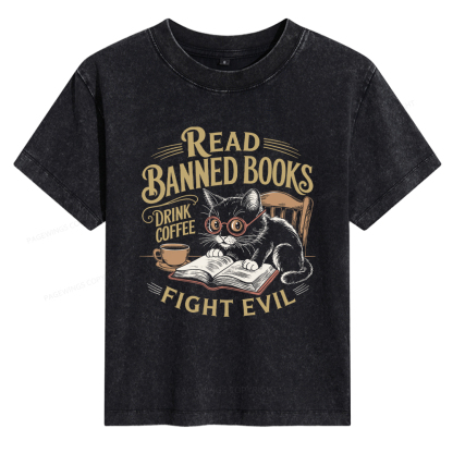 Pagewings Read Books Drink Coffee Fight Evil Women's Washed T-shirt