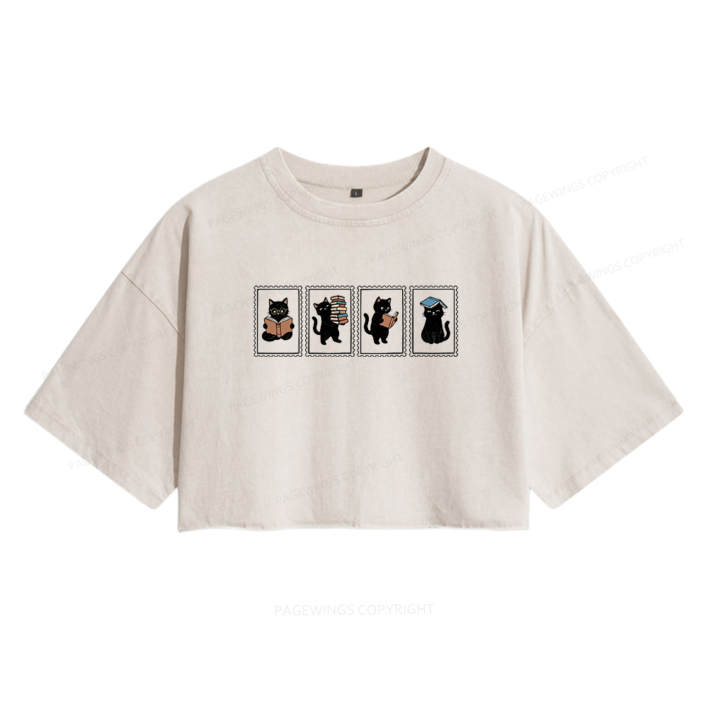 Pagewings Black Cats and Books Women's Washed Cropped T-shirt
