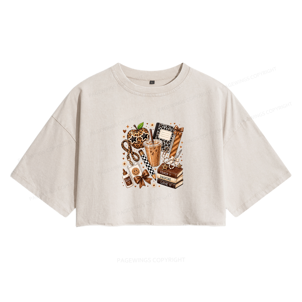 Pagewing Leopard Teacher Book Women's Washed Cropped T-shirt