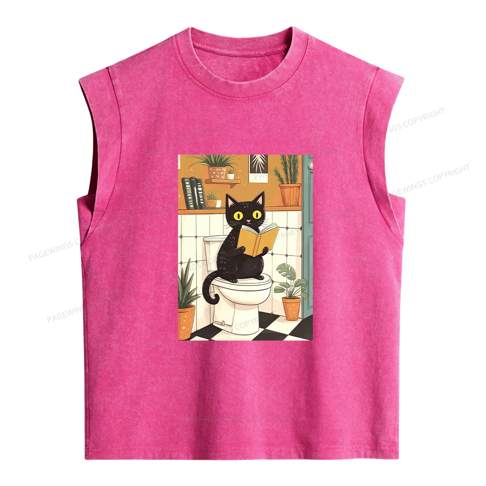 Pagewings Cat Reading on Toilet Women's Washed Tank Top