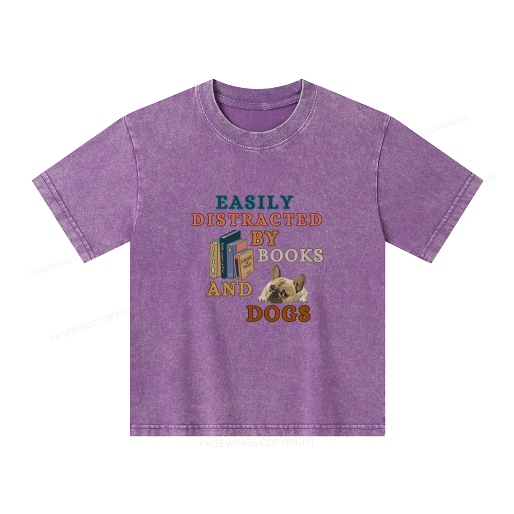 Pagewings Easily Distracted By Books And Dogs Unisex Kids Washed T-shirt