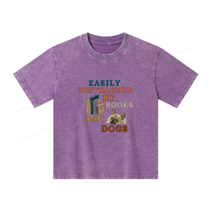 Pagewings Easily Distracted By Books And Dogs Unisex Kids Washed T-shirt