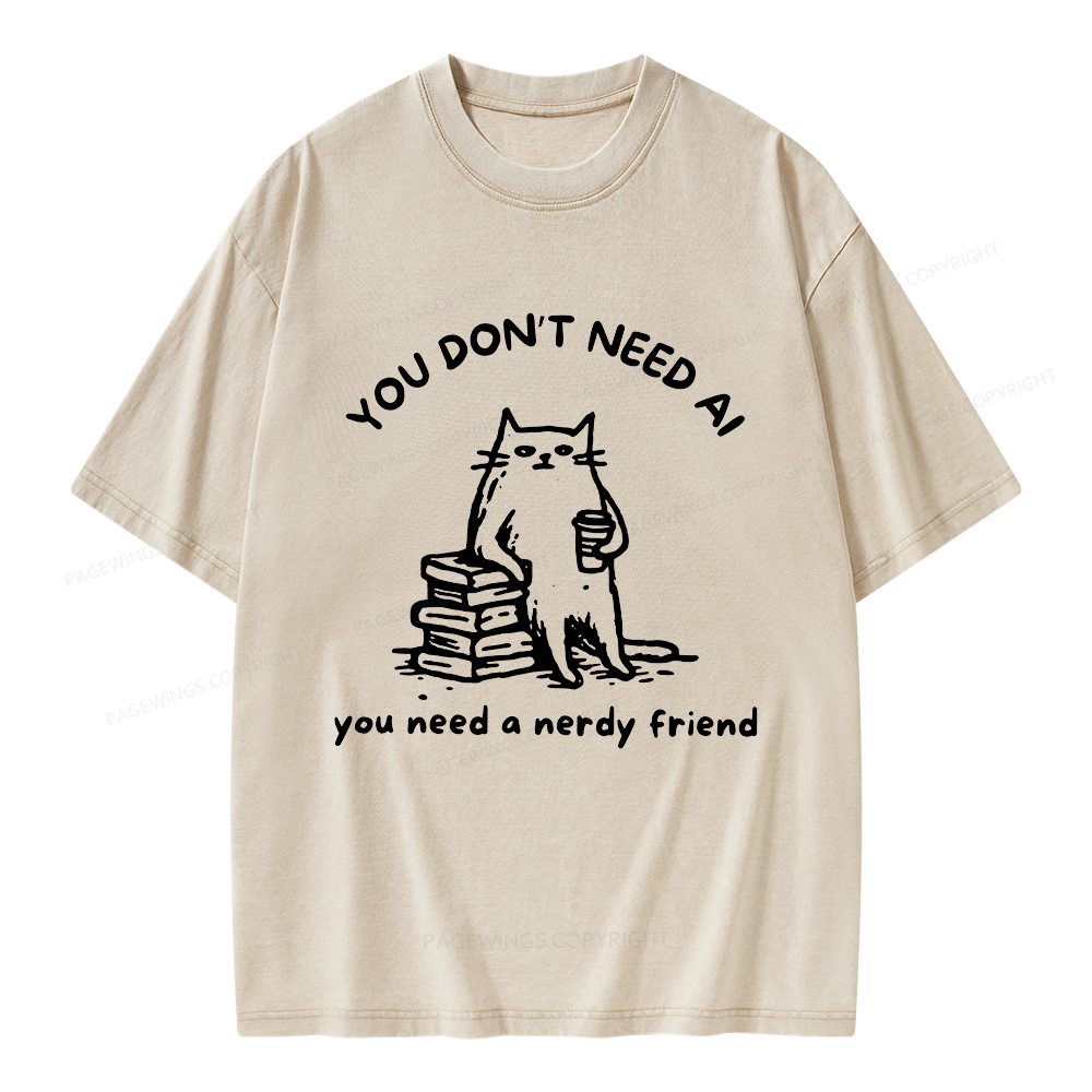 Pagewings Funny Cat Doodle Anti AI Unisex Washed T-shirt