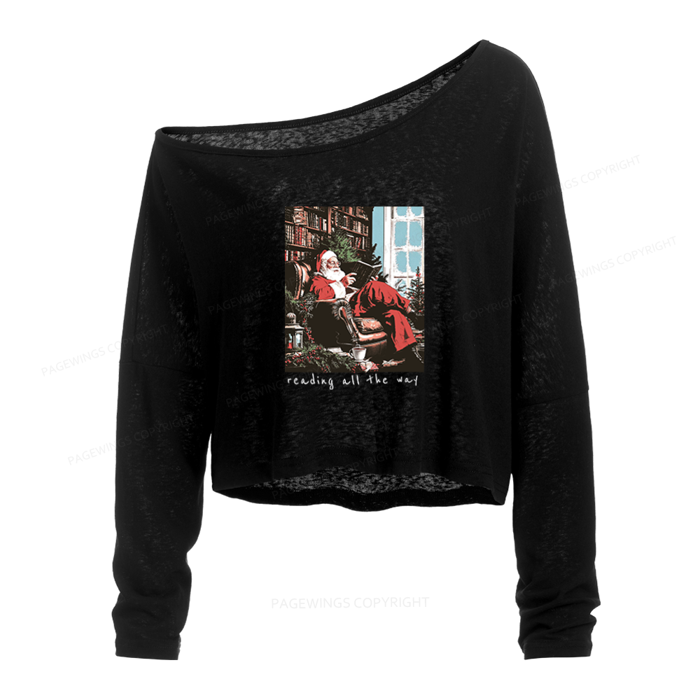 Pagewings Bookish Christmas Slouchy Long Sleeve Off Shoulder T-shirt