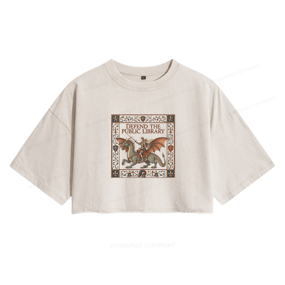 Pagewings Defend the Public Library Women's Washed Cropped T-shirt