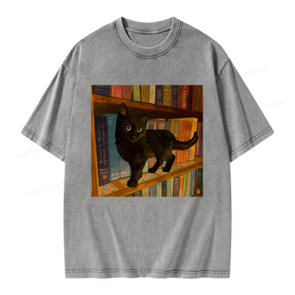 Pagewings Little Library Cat Unisex Washed T-shirt