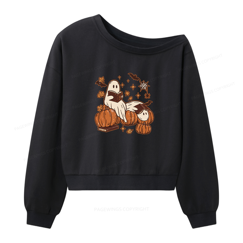 Pagewings Ghost Reading Bookish Women Off Shoulder Sweatshirt