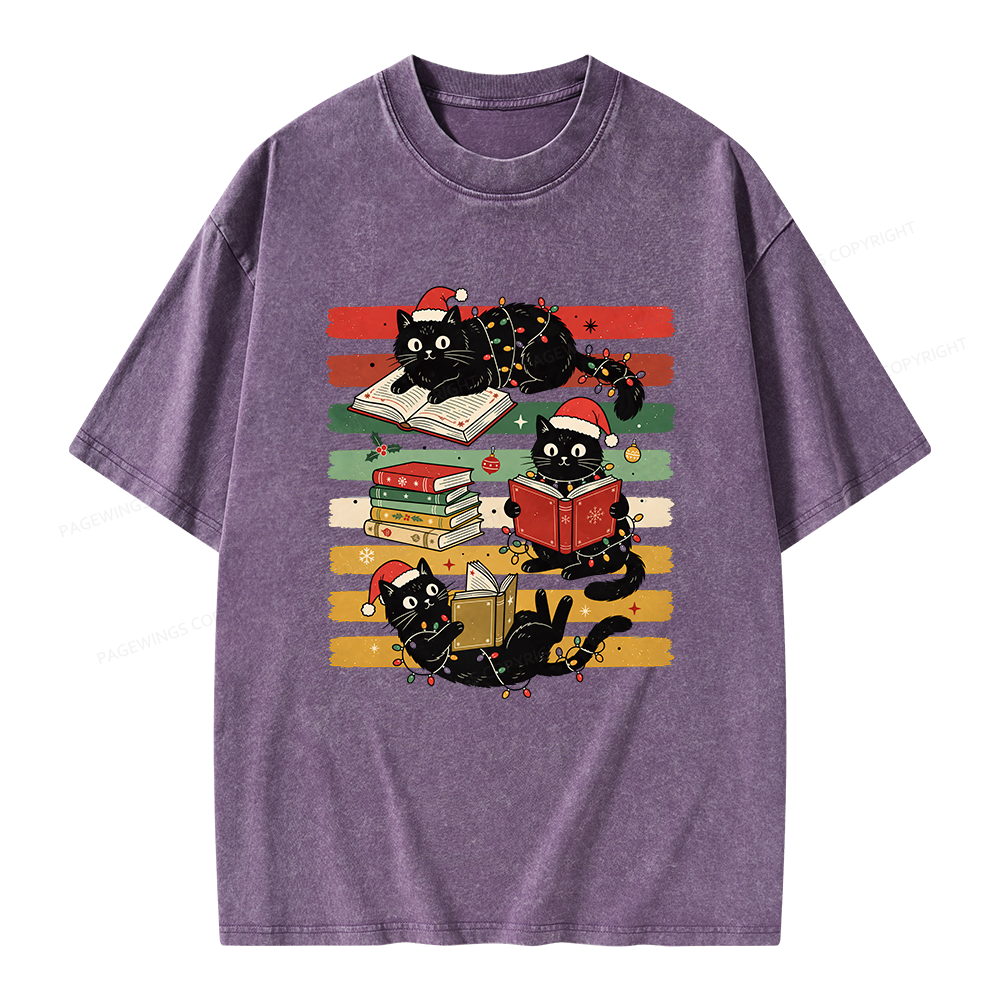 Pagewings Bookish Cat Christmas Unisex Washed T-shirt