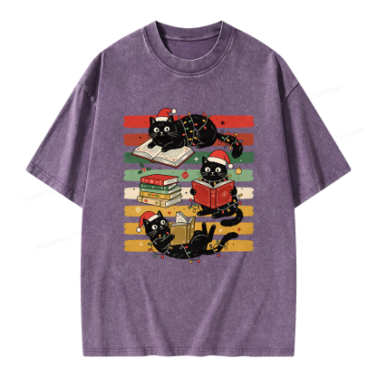 Pagewings Bookish Cat Christmas Unisex Washed T-shirt