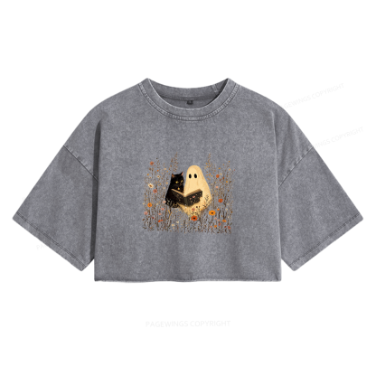 Pagewings Ghost Black Cat Reading Women's Washed Cropped T-shirt