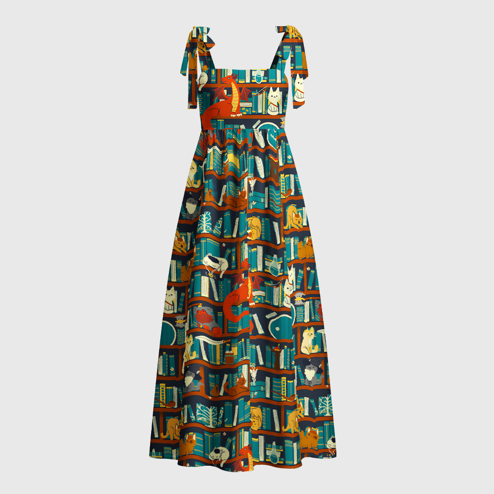 Pagewings Cozy Cats In Library Tie Shoulder Maxi Dress