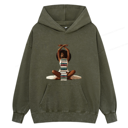 Pagewings Black Girl Reading Unisex Washed Hoodie