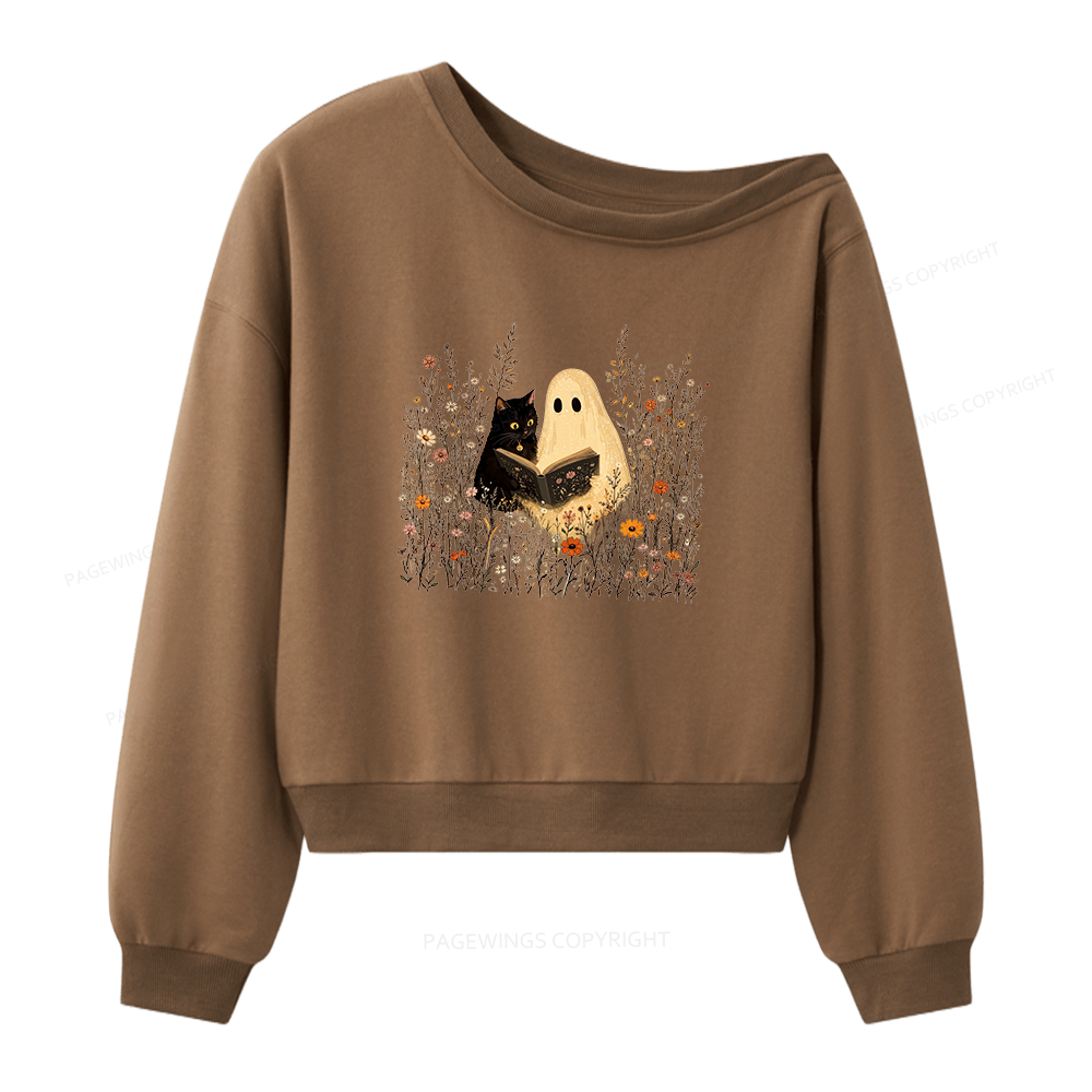 Pagewings Ghost Black Cat Reading Women Off Shoulder Sweatshirt
