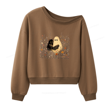 Pagewings Ghost Black Cat Reading Women Off Shoulder Sweatshirt