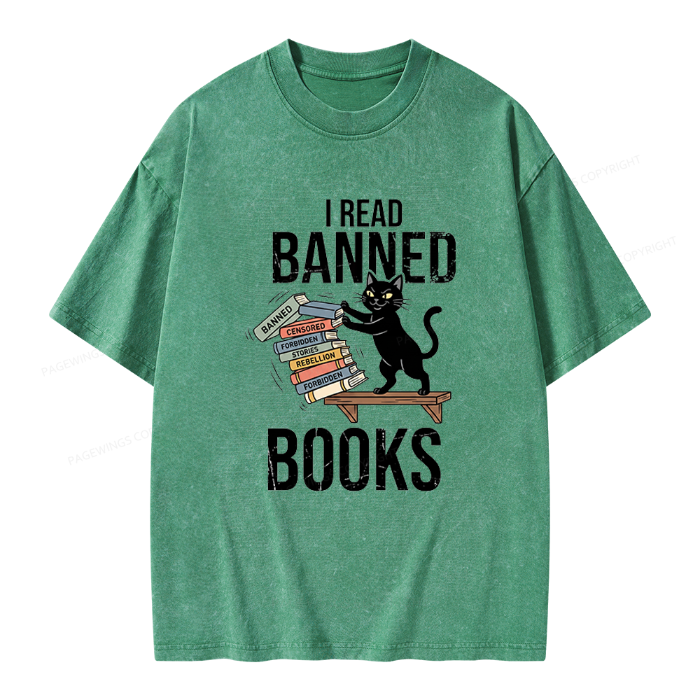 Pagewings Black Cat I Read Banned Books Unisex Washed T-shirt