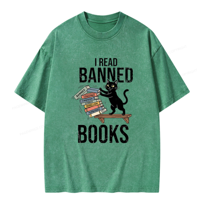 Pagewings Black Cat I Read Banned Books Unisex Washed T-shirt