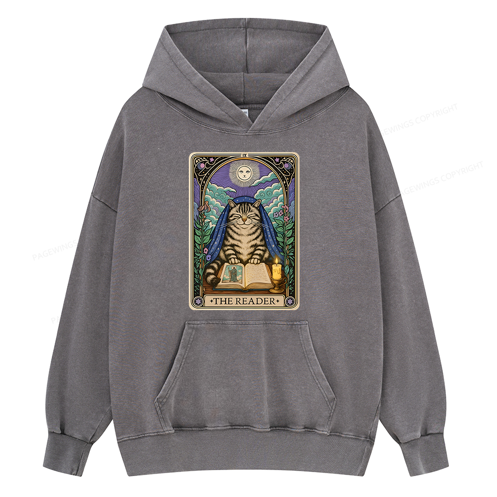Pagewings The Reader Cat Tarot Cards Unisex Washed Hoodie