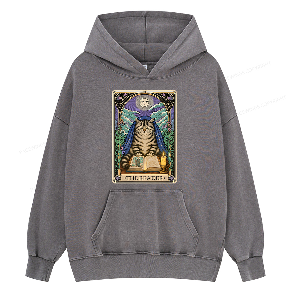 Pagewings The Reader Cat Tarot Cards Unisex Washed Hoodie