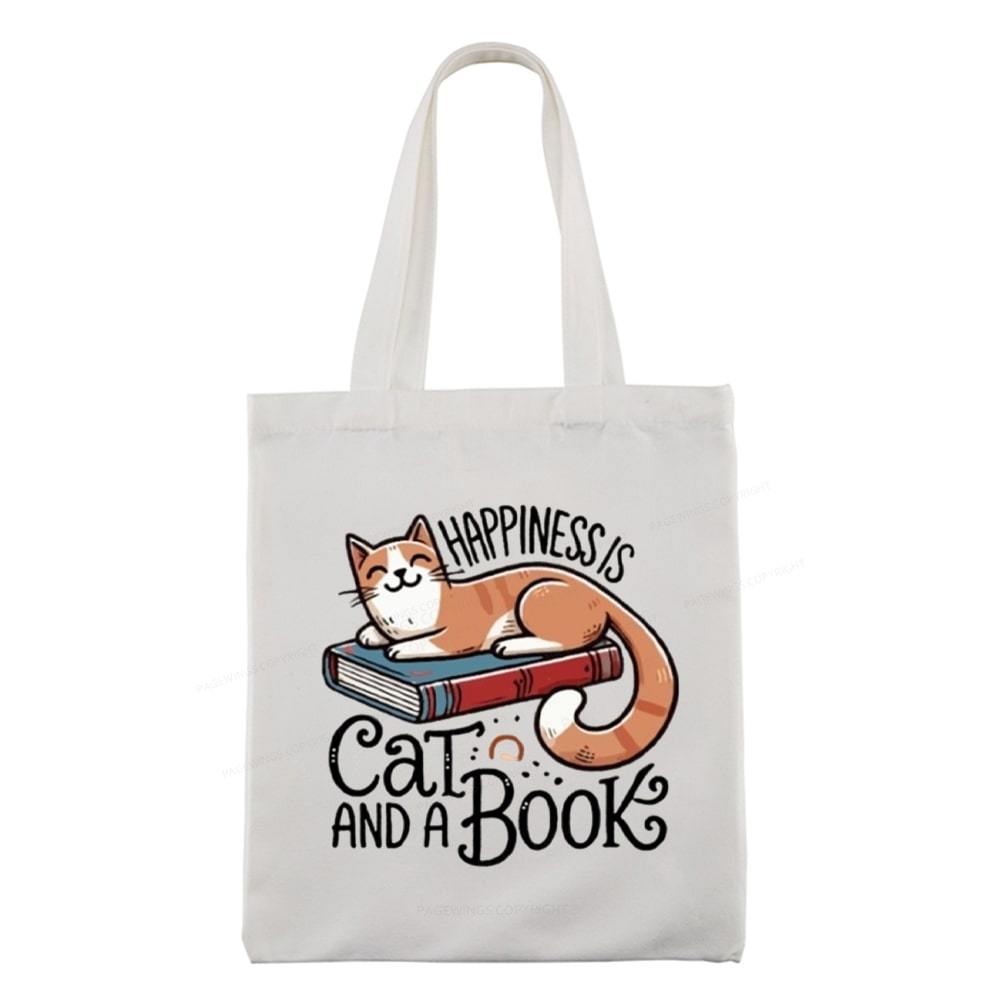 Pagewings Happiness Is A Cat And A Book Unisex Tote Bag