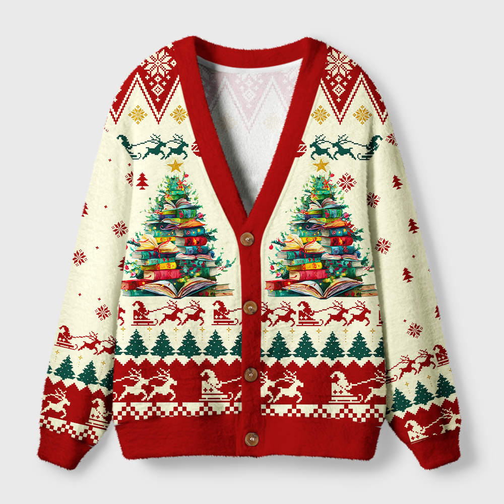 Pagewings Holiday Book Tree Light Knit Unisex Cardigan Sweaters