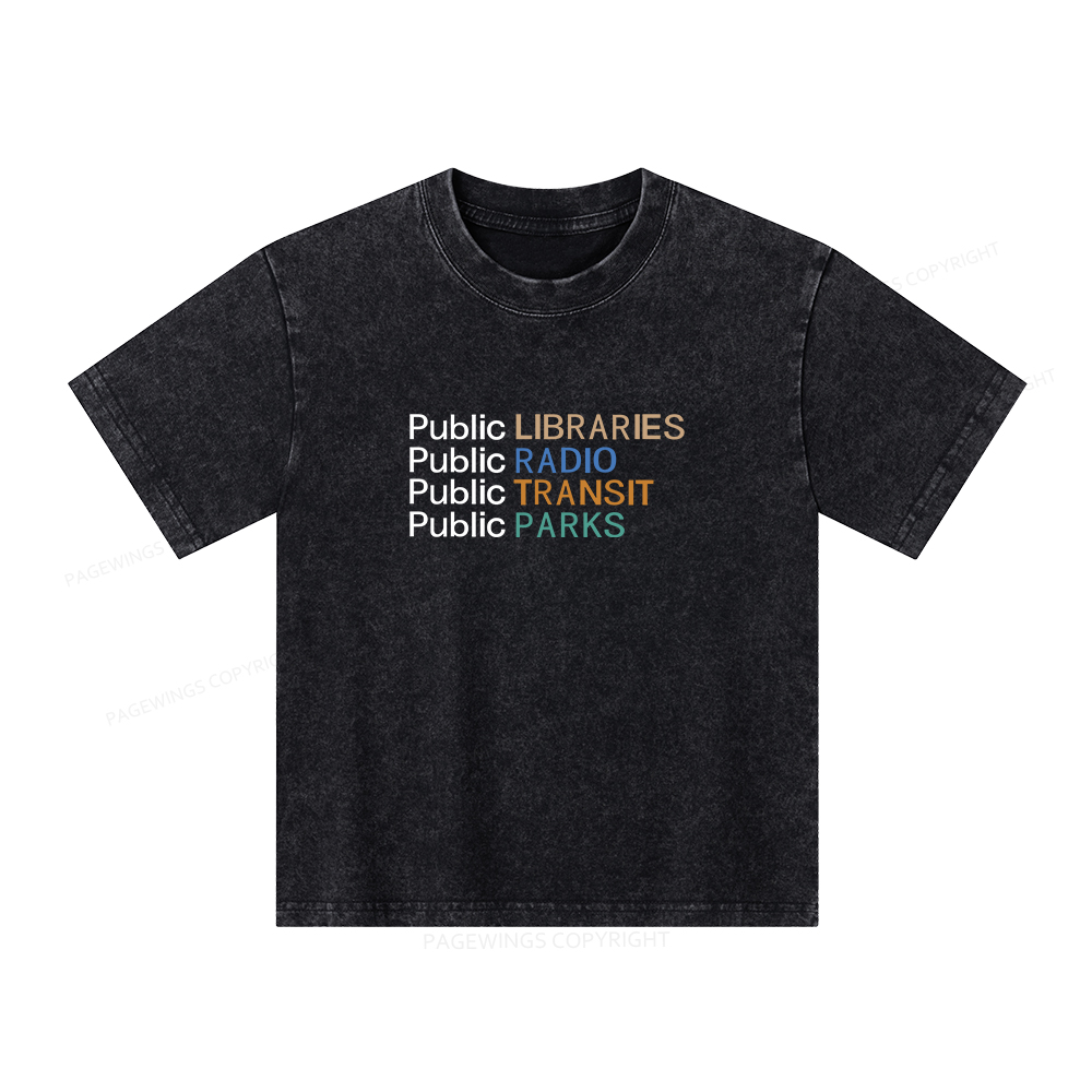 Pagewings Public Libraries Radio Transit Parks Unisex Kids Washed T-shirt
