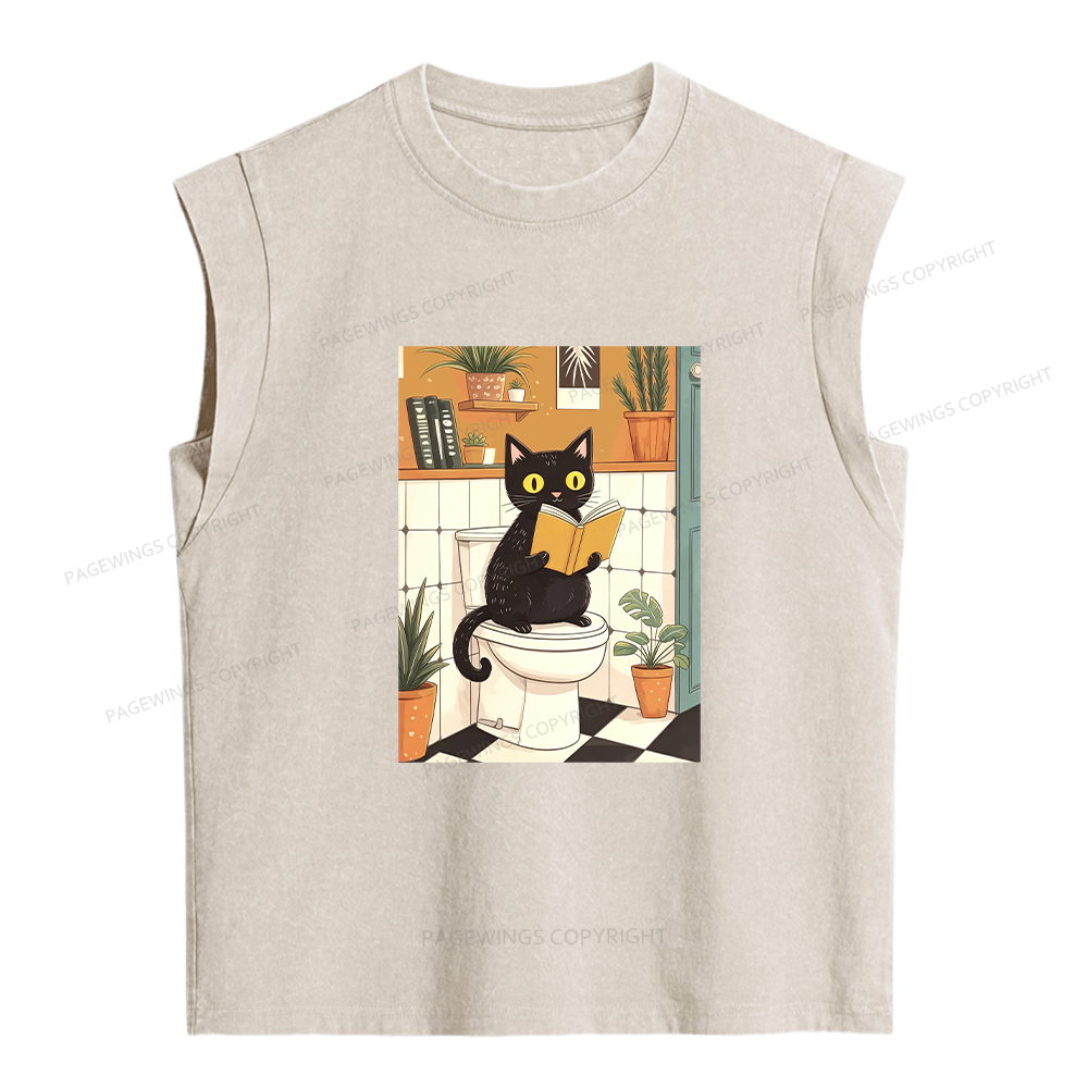 Pagewings Cat Reading on Toilet Women's Washed Tank Top