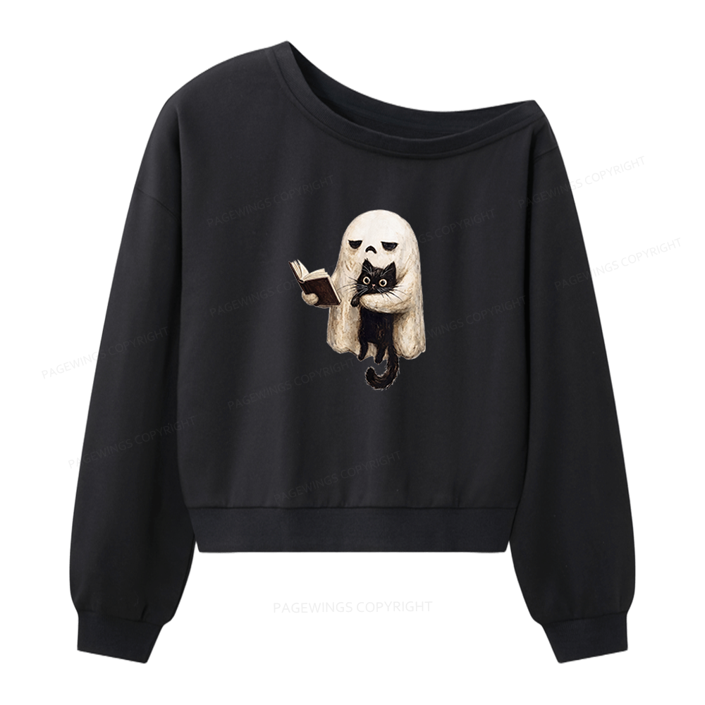 Pagewings Ghost Cat Spooky Black Cat Women Off Shoulder Sweatshirt