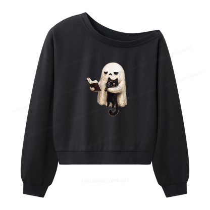 Pagewings Ghost Cat Spooky Black Cat Women Off Shoulder Sweatshirt