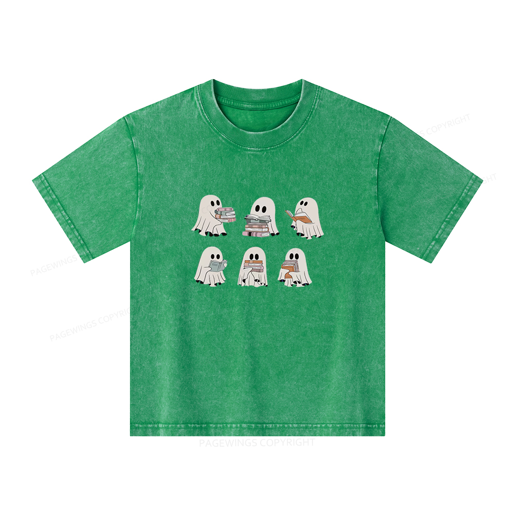 Pagewings Ghost Reading Halloween Unisex Kids Washed T-shirt