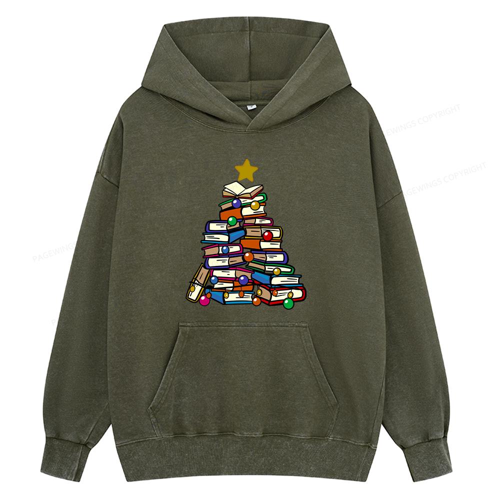 Pagewings Christmas Tree Bookworm Unisex Washed Hoodie