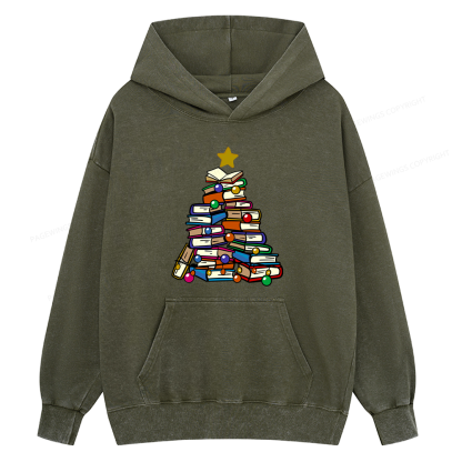 Pagewings Christmas Tree Bookworm Unisex Washed Hoodie