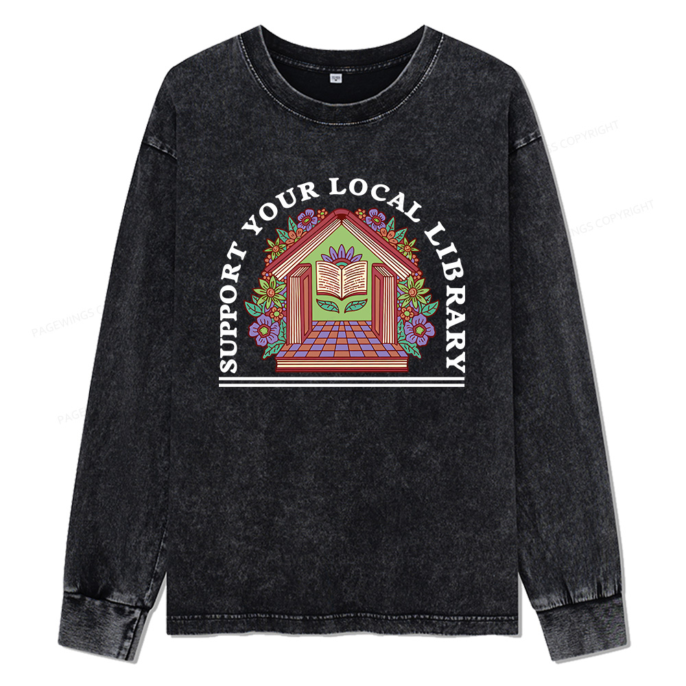 Pagewings Support Your Local Library Unisex Washed Long Sleeve T-shirt