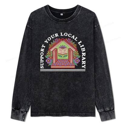Pagewings Support Your Local Library Unisex Washed Long Sleeve T-shirt