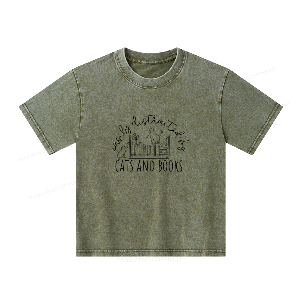 Pagewings Cute Cats And Books Unisex Kids Washed T-shirt