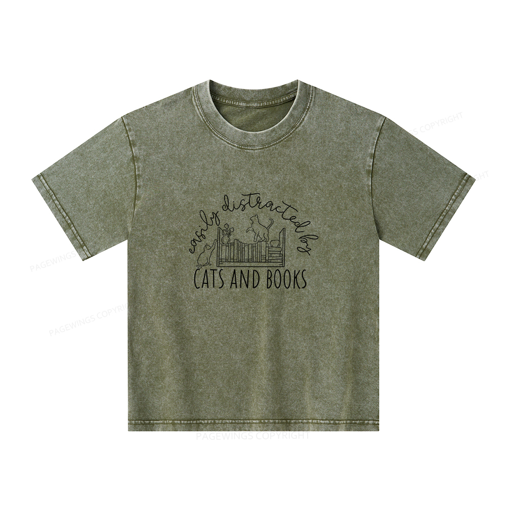 Pagewings Cute Cats And Books Unisex Kids Washed T-shirt