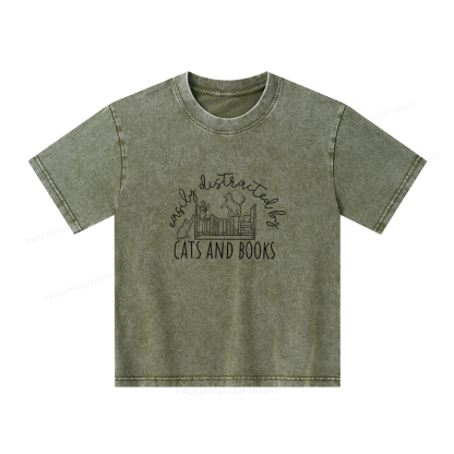 Pagewings Cute Cats And Books Unisex Kids Washed T-shirt