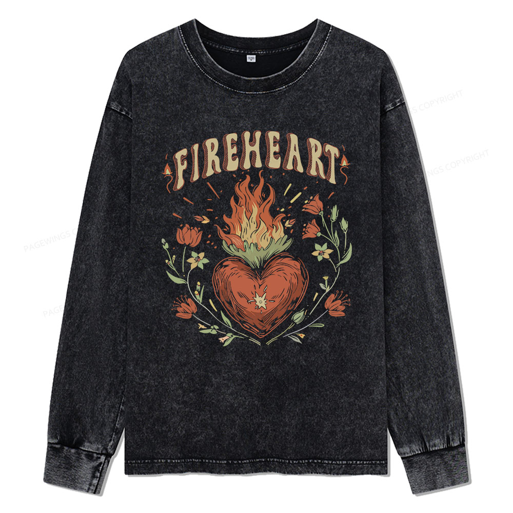 Pagewings Vintage Fire-heart Unisex Washed Long Sleeve T-shirt