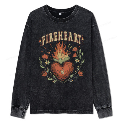 Pagewings Vintage Fire-heart Unisex Washed Long Sleeve T-shirt