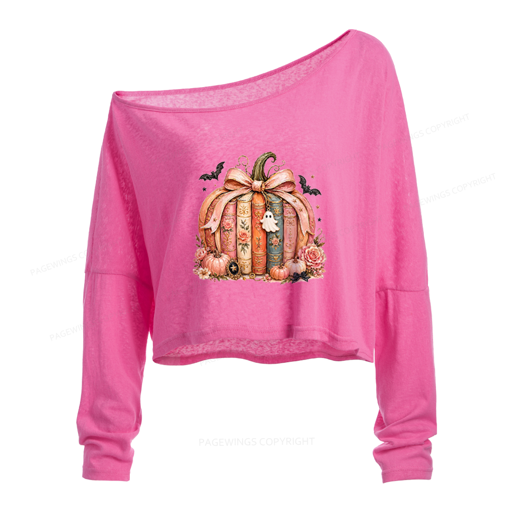 Pagewings Book Pumpkin Slouchy Long Sleeve Off Shoulder T-shirt