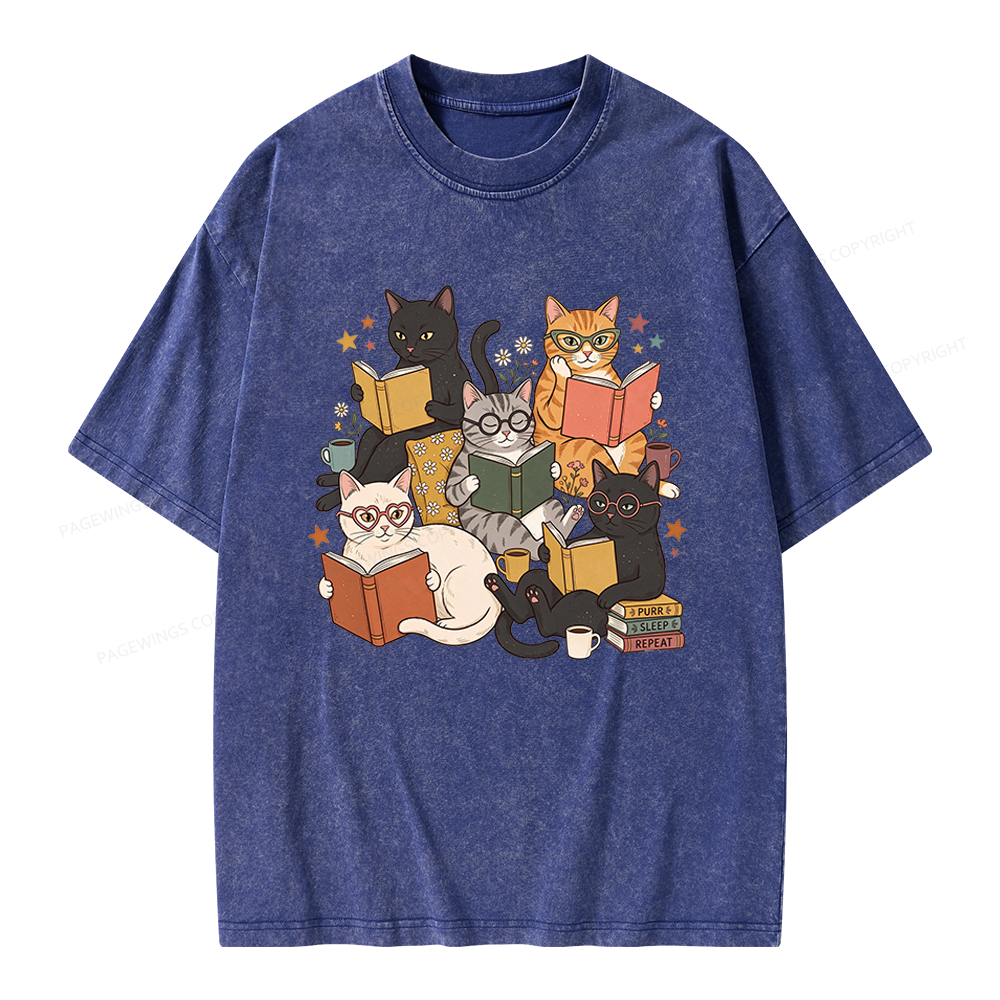 Pagewings Retro Reading Cats Unisex Washed T-shirt