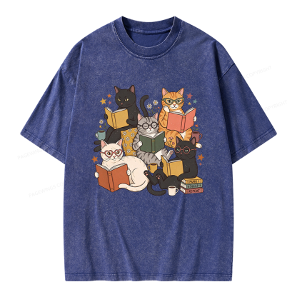 Pagewings Retro Reading Cats Unisex Washed T-shirt