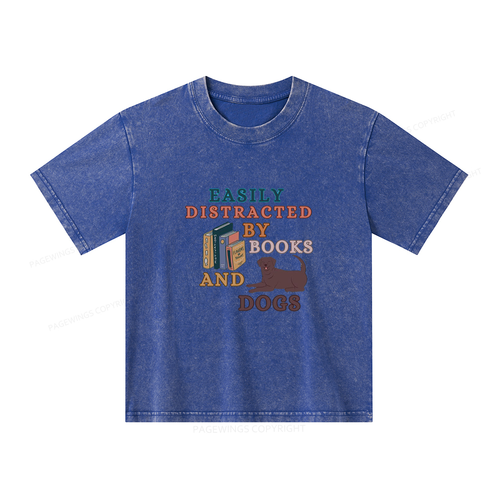 Pagewings Easily Distracted By Books And Labrador Unisex Kids Washed T-shirt