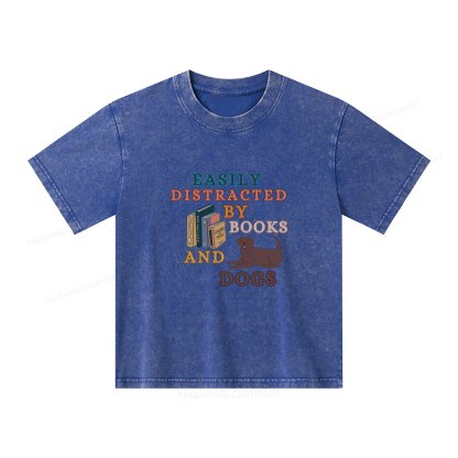 Pagewings Easily Distracted By Books And Labrador Unisex Kids Washed T-shirt