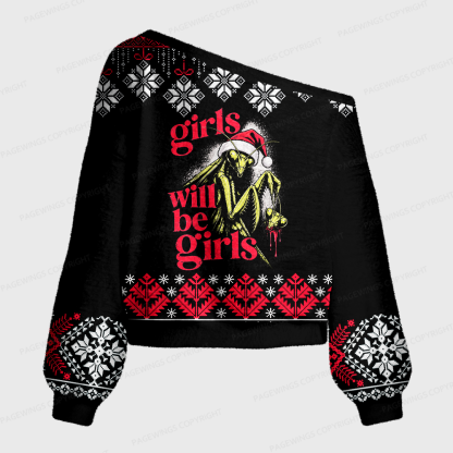 Pagewings Girls Will Be Girls Off Shoulder Ugly Knit Sweater