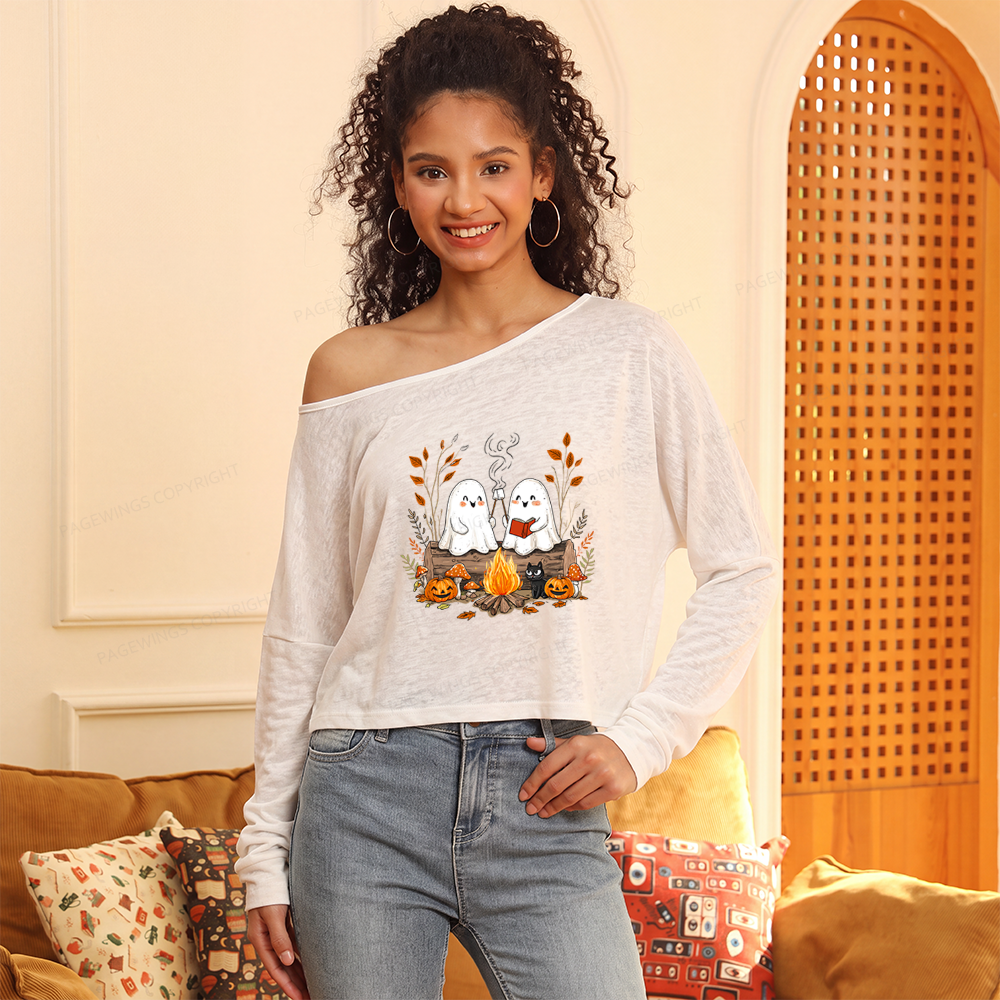 Pagewings Cute Ghost Halloween Slouchy Long Sleeve Off Shoulder T-shirt