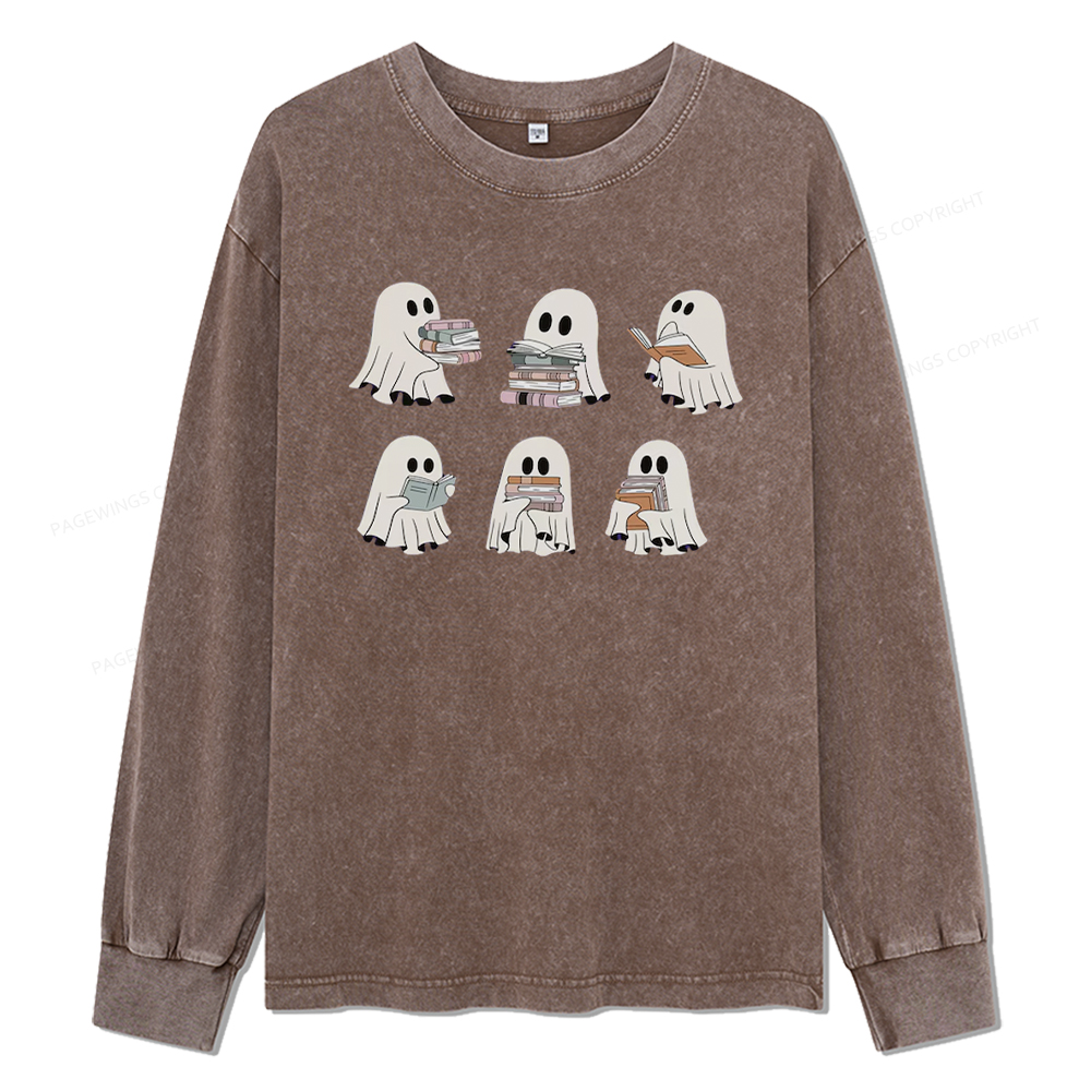 pagewings Ghost Reading Halloween Unisex Washed Long Sleeve T-shirt