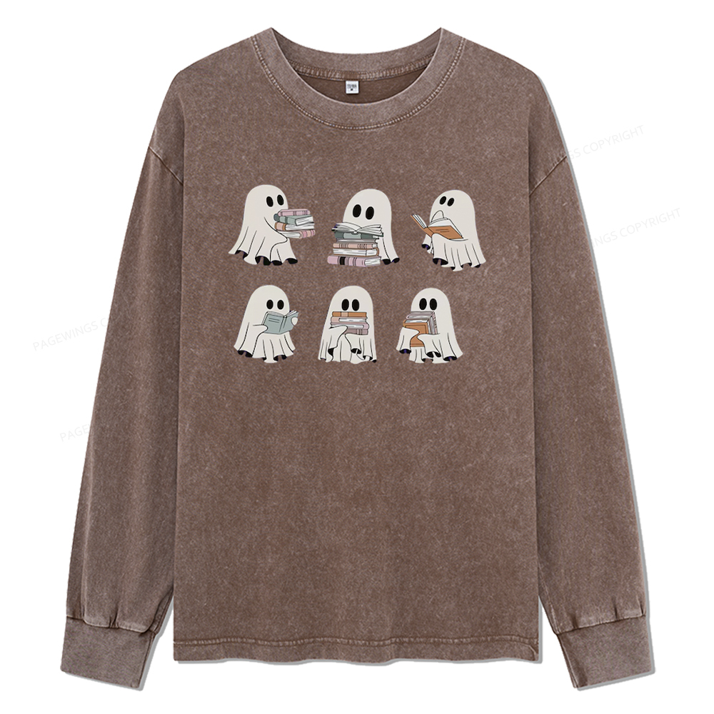 pagewings Ghost Reading Halloween Unisex Washed Long Sleeve T-shirt
