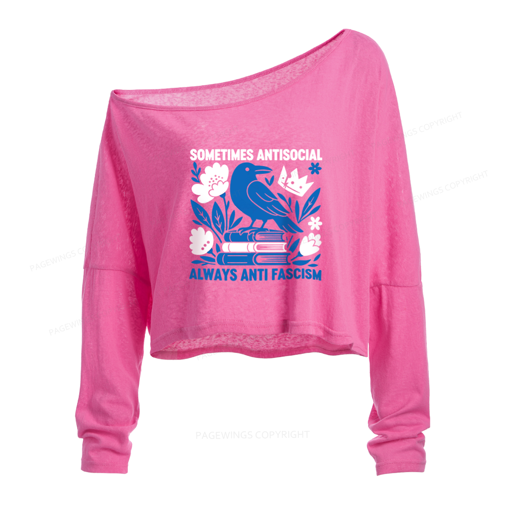 Pagewings Anti Fascism Slouchy Long Sleeve Off Shoulder T-shirt