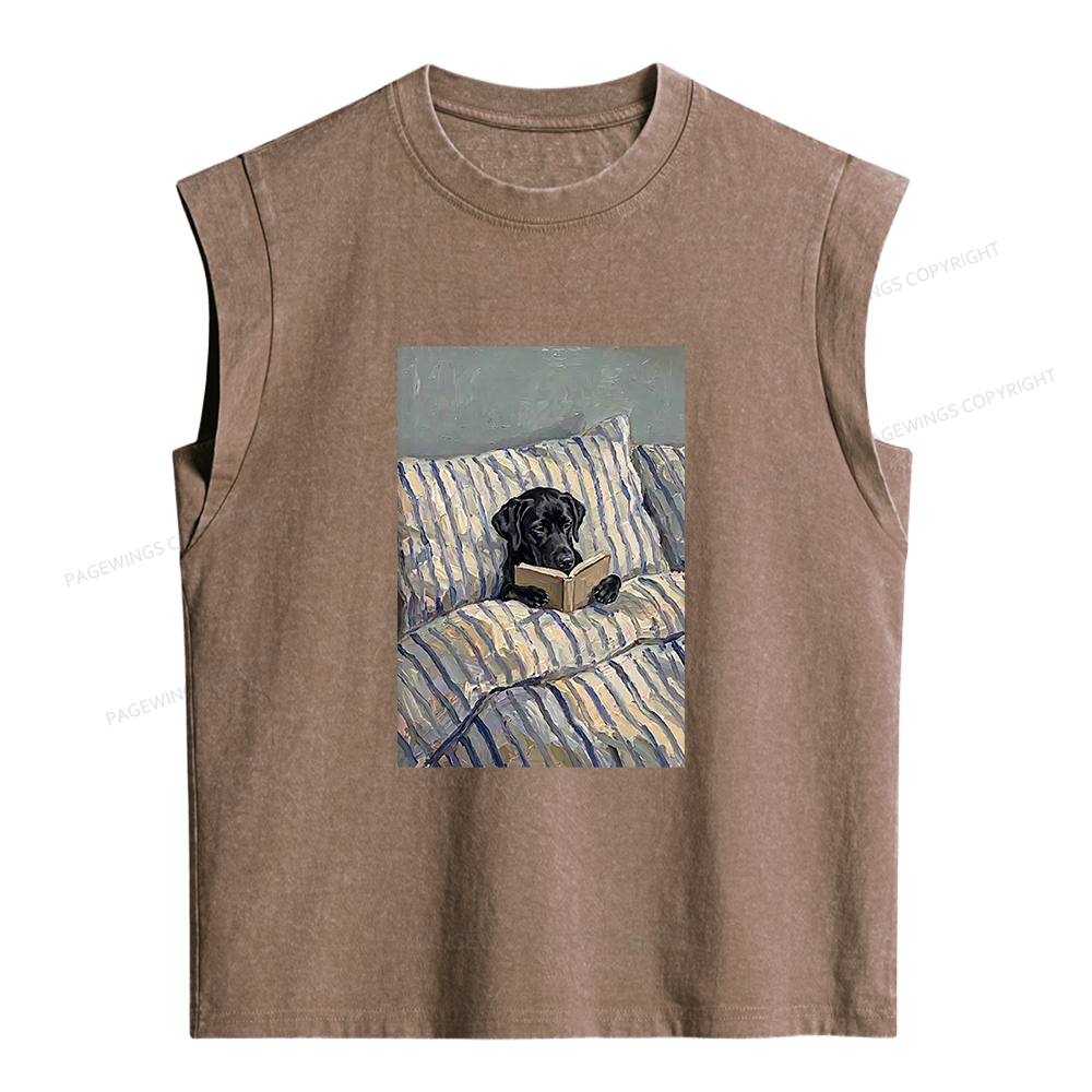 Pagewings Dog Reading in Bed Women's Washed Tank Top